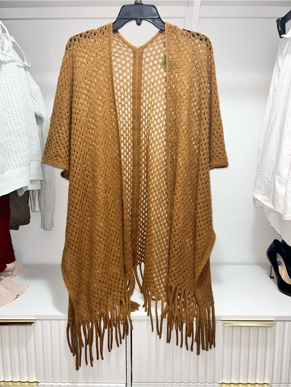 Open-Front Fringe Knit Poncho in Camel Brown